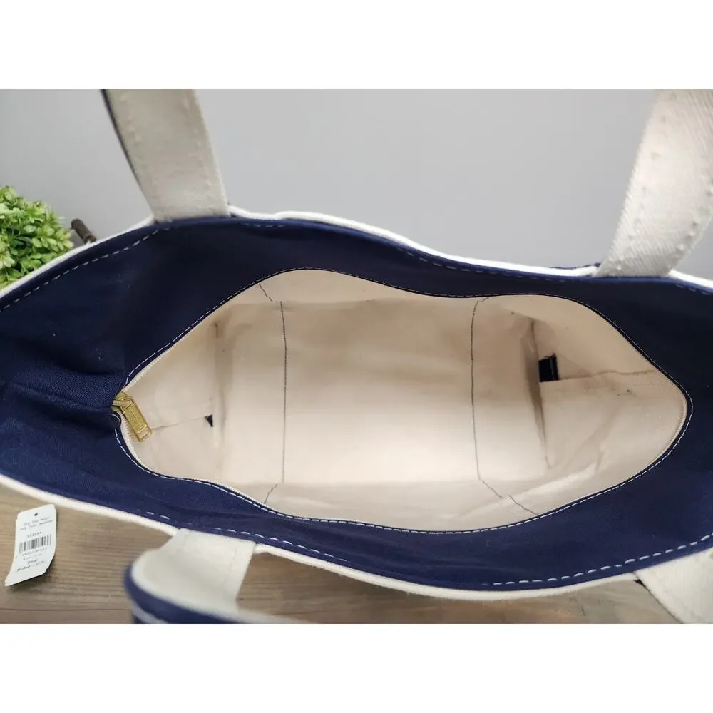 L.L.BEAN Vintage Zip Top Boat and Tote Medium Natural Navy Canvas 16x12 USA - Picture 11 of 16